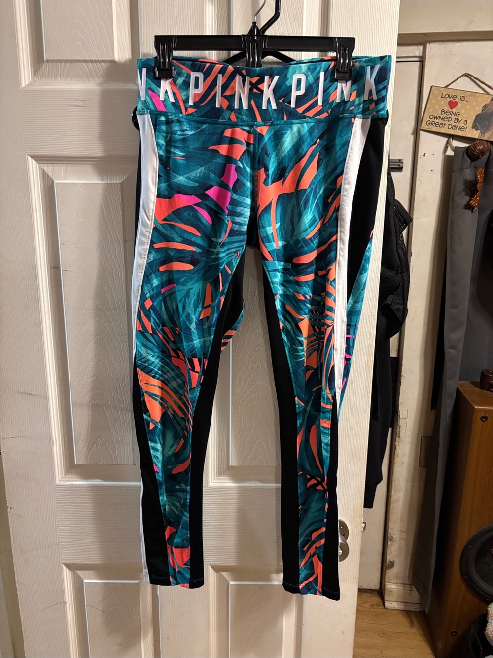 PINK Teal Tropical Print Leggings with Black & White Side Panels